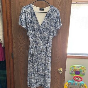 Blue and White Patterned Wrap Dress